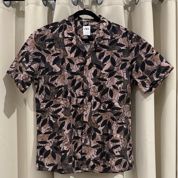 Zara Other - Zara Men's Black and Brown Leaf Print Shirt Size L Preloved
